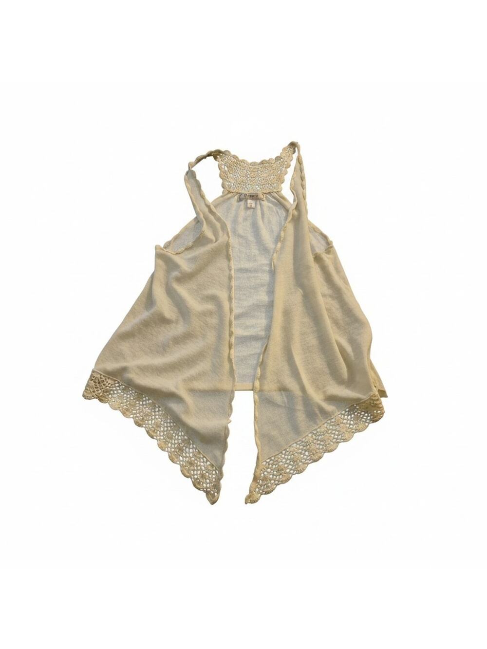 Decree Crochet Lace Vest Cardigan L Cream White Racerback Open Front Boho Y2K